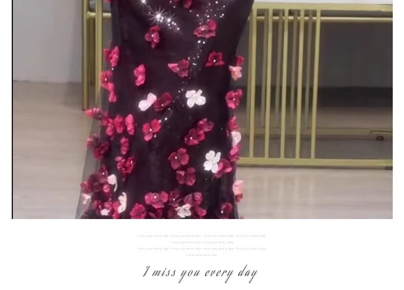 Gown Evening Short-Sleeve Mermaid Sequin Off-Shoulder Floral Accent