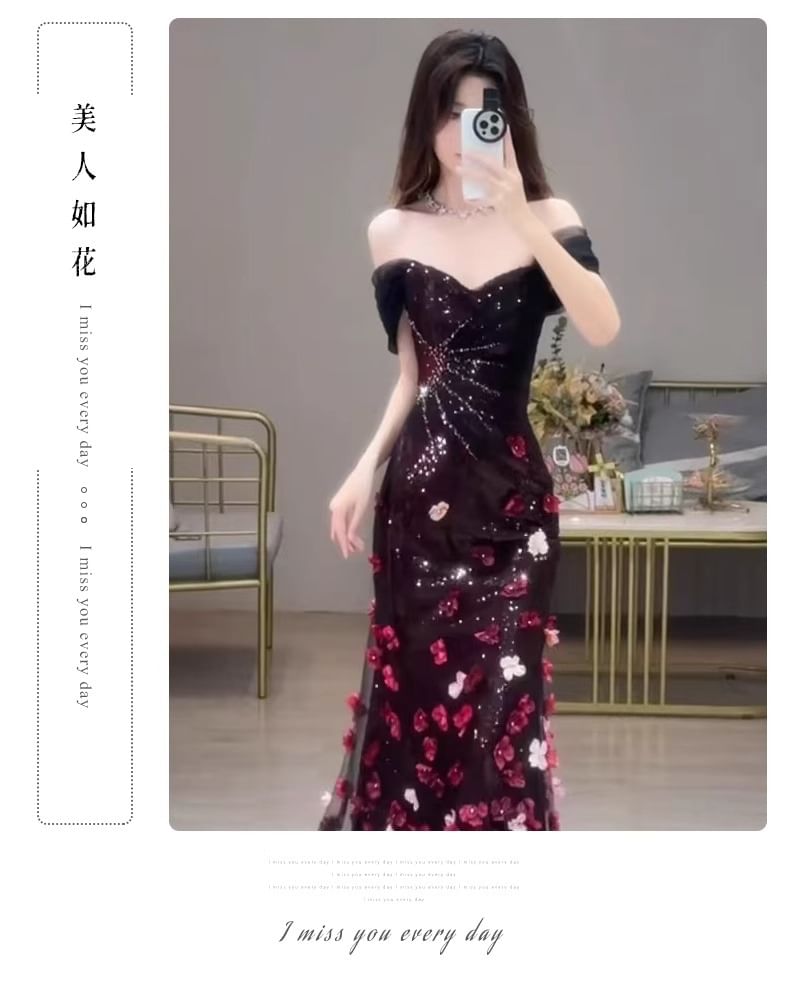 Gown Evening Short-Sleeve Mermaid Sequin Off-Shoulder Floral Accent