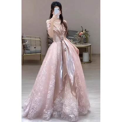 A-Line Floral Short-Sleeve Off-Shoulder Lace Evening Gown Accent