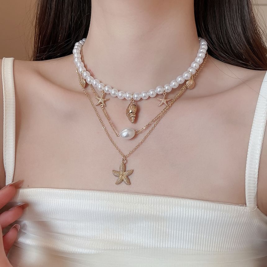 of Pearl + Necklace 3: Pendant Alloy Choker Starfish Faux Set
