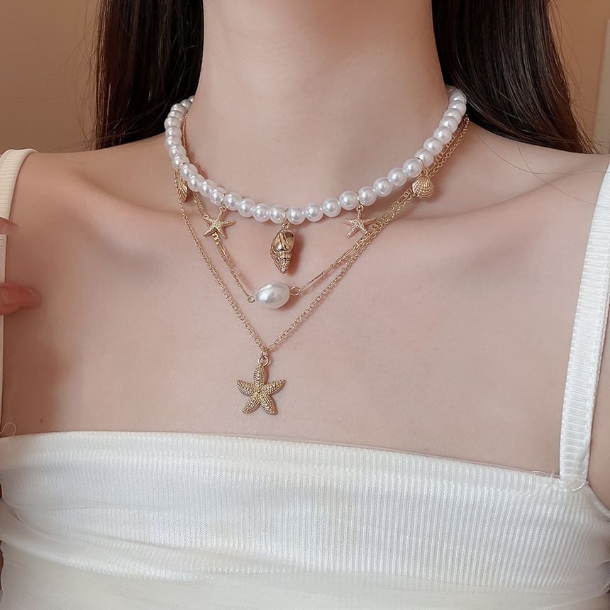 of Pearl + Necklace 3: Pendant Alloy Choker Starfish Faux Set