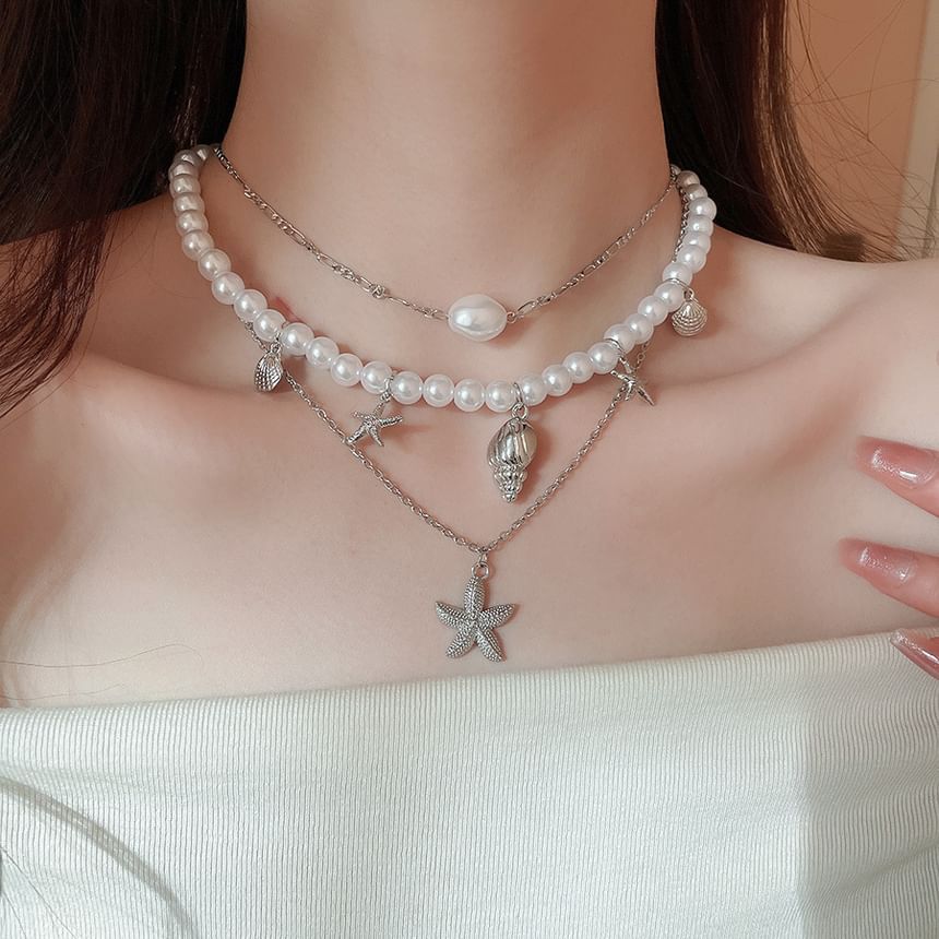 of Pearl + Necklace 3: Pendant Alloy Choker Starfish Faux Set