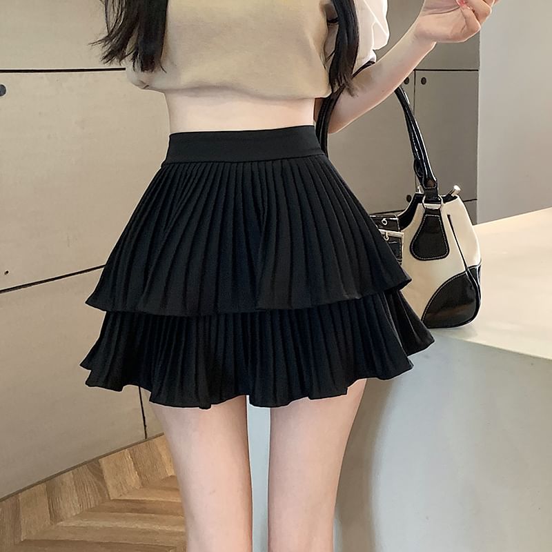 Tiered Plain Mini Waist Skirt High A-Line Accordion Pleated