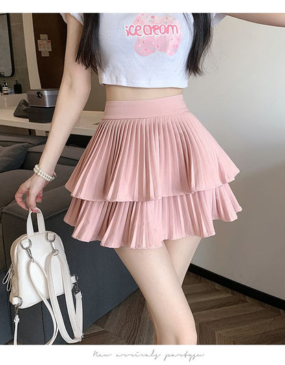 Tiered Plain Mini Waist Skirt High A-Line Accordion Pleated