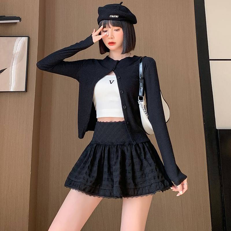 High Waist A-Line Lace Skirt Plain Mini Trim