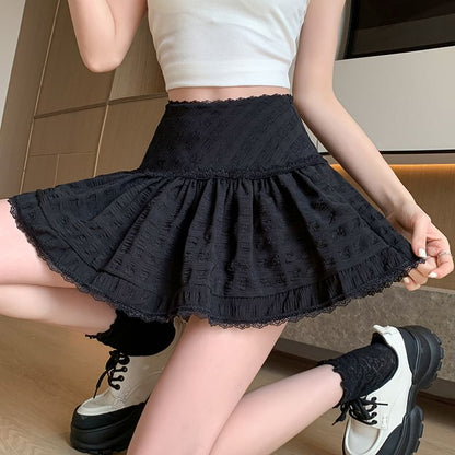 High Waist A-Line Lace Skirt Plain Mini Trim