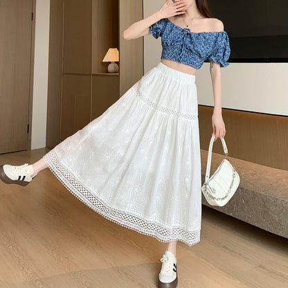 Designs) Embroidered Midi (Various Plain Waist A-Line Skirt Elastic