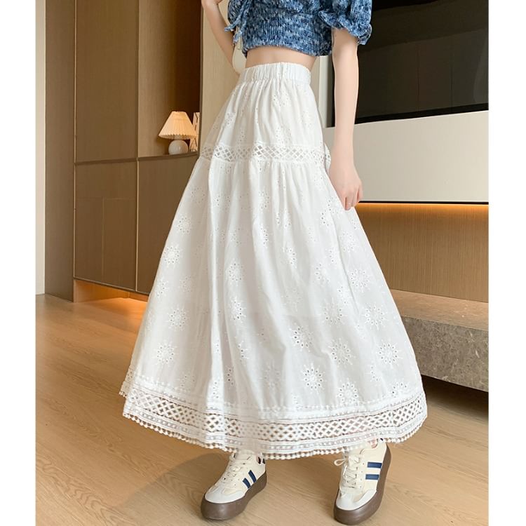 Designs) Embroidered Midi (Various Plain Waist A-Line Skirt Elastic