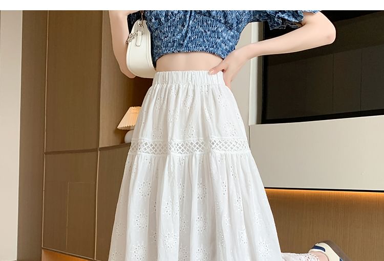 Designs) Embroidered Midi (Various Plain Waist A-Line Skirt Elastic