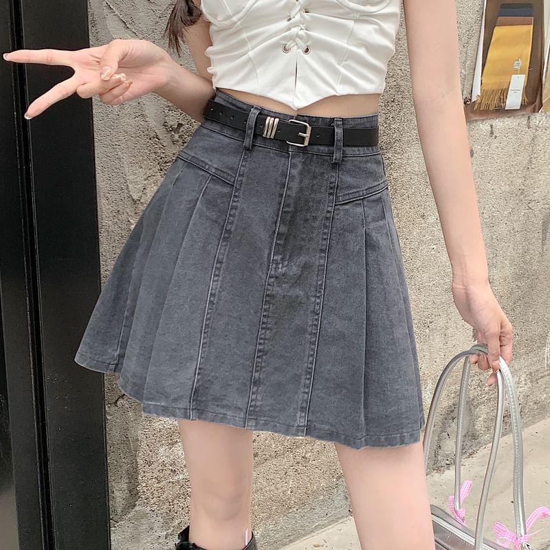 High Skirt Rise Denim Pleated Mini A-Line