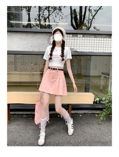 High Skirt Rise Denim Pleated Mini A-Line