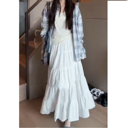 Tiered A-Line Plain Midi Waist Elastic Skirt