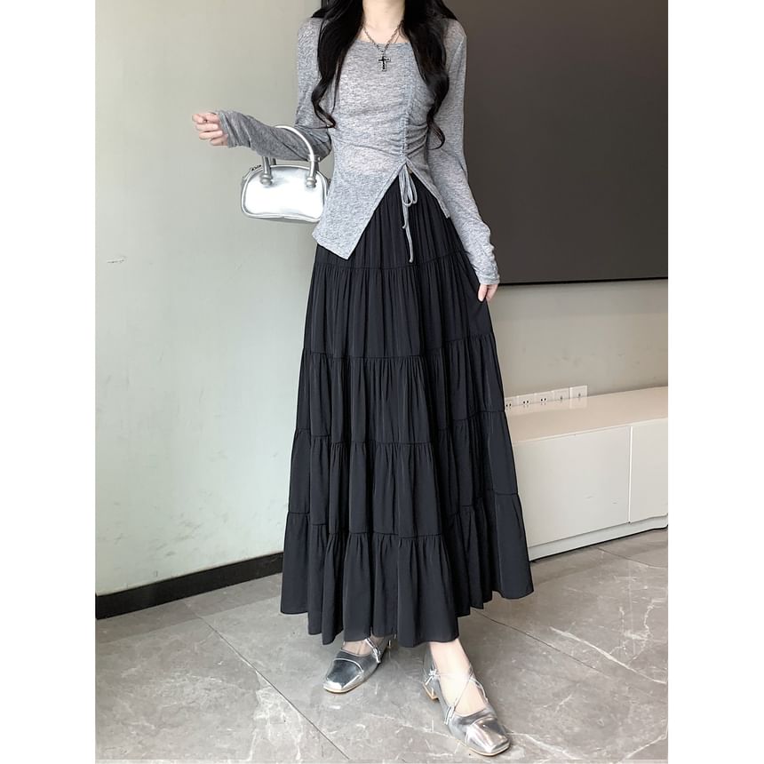 Tiered A-Line Plain Midi Waist Elastic Skirt