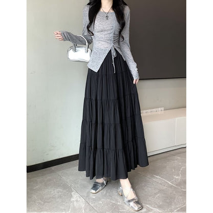 Tiered A-Line Plain Midi Waist Elastic Skirt