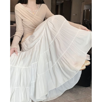 Tiered A-Line Plain Midi Waist Elastic Skirt