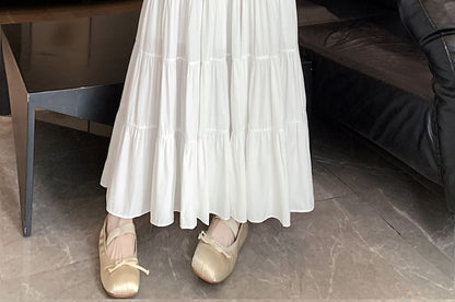 Tiered A-Line Plain Midi Waist Elastic Skirt