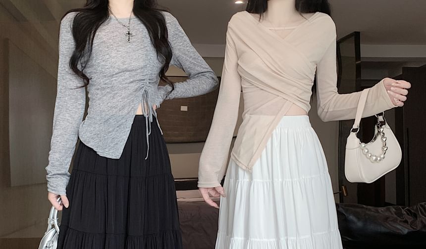 Tiered A-Line Plain Midi Waist Elastic Skirt