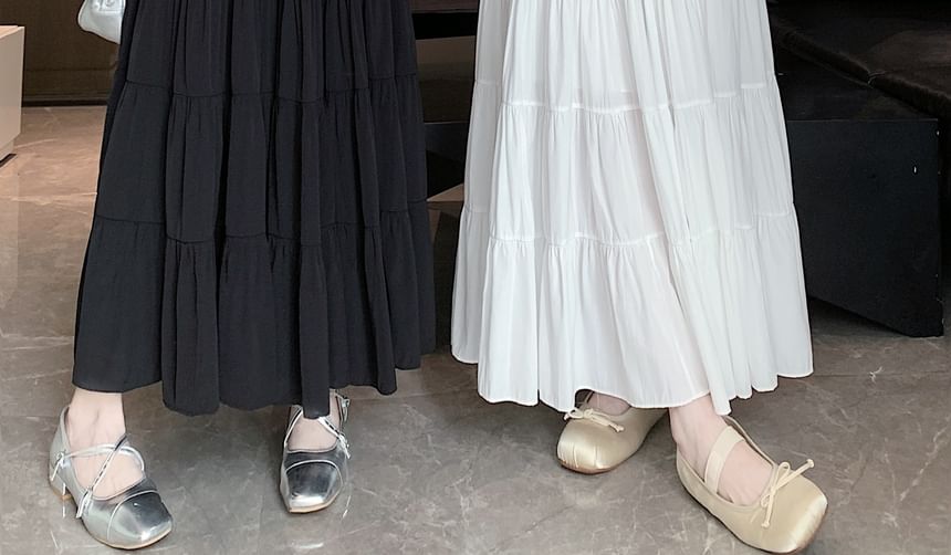 Tiered A-Line Plain Midi Waist Elastic Skirt