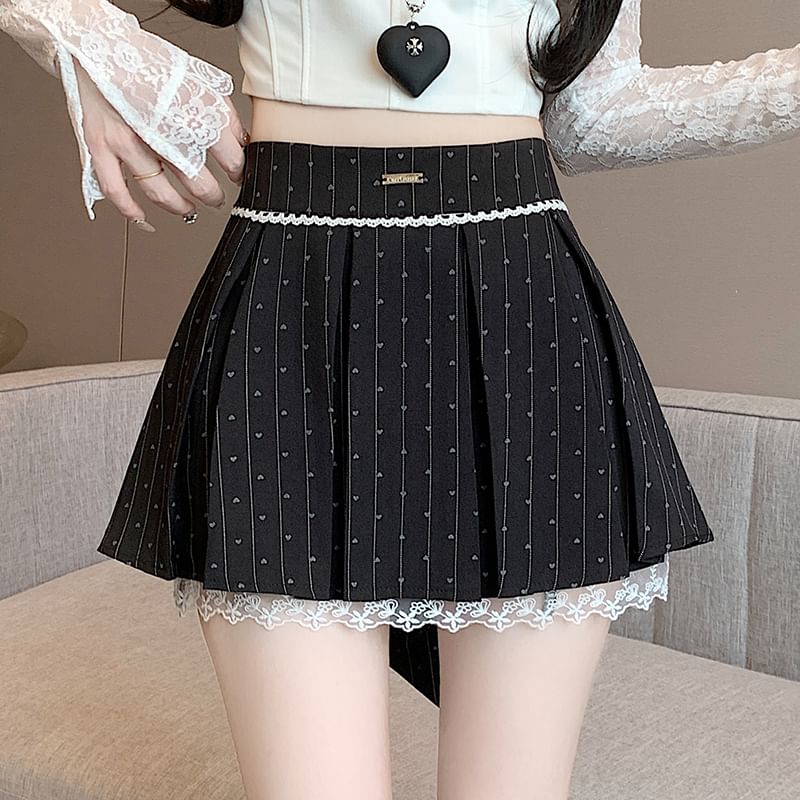 A-Line Skirt Heart Bow Print Lace Panel Waist High Mini