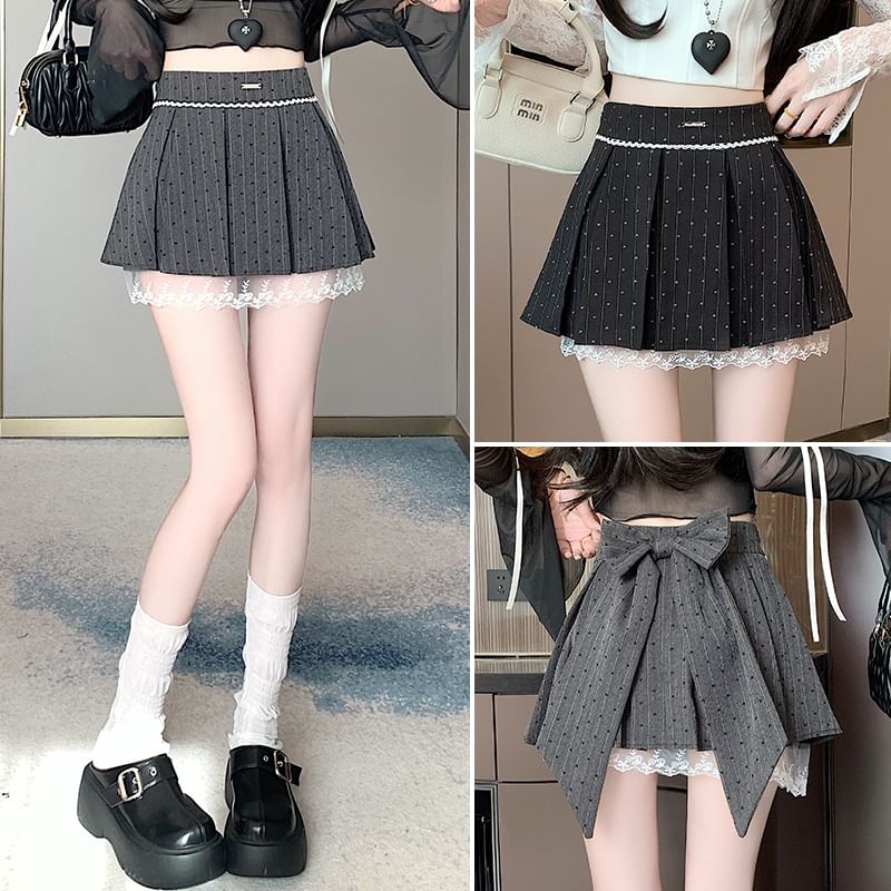 A-Line Skirt Heart Bow Print Lace Panel Waist High Mini