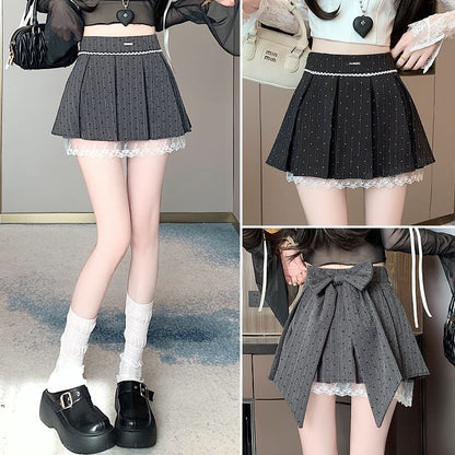 A-Line Skirt Heart Bow Print Lace Panel Waist High Mini