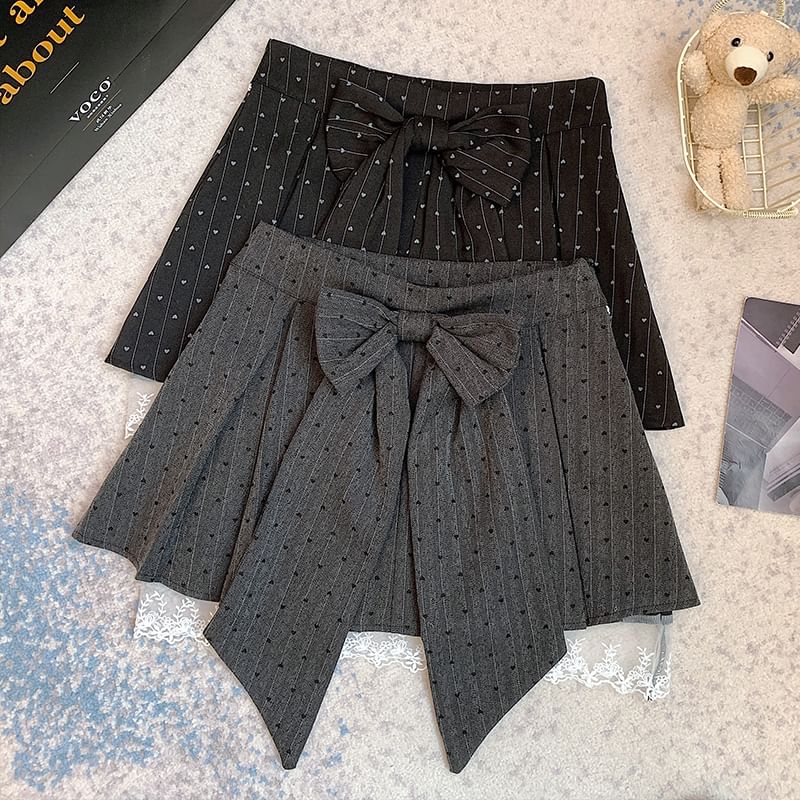 A-Line Skirt Heart Bow Print Lace Panel Waist High Mini