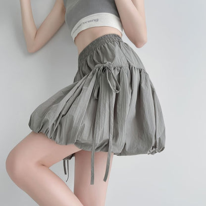 A-Line Bubble Hem Waist Bow Mini Elastic Skirt Plain