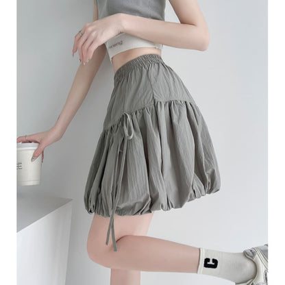 A-Line Bubble Hem Waist Bow Mini Elastic Skirt Plain
