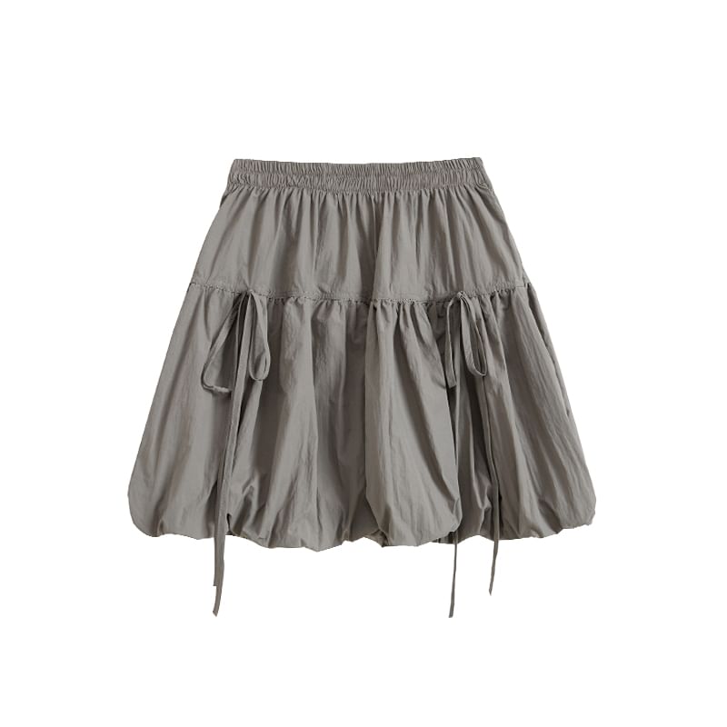 A-Line Bubble Hem Waist Bow Mini Elastic Skirt Plain