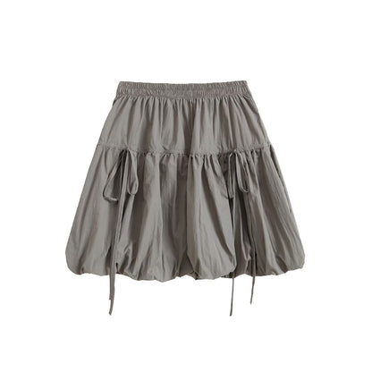 A-Line Bubble Hem Waist Bow Mini Elastic Skirt Plain