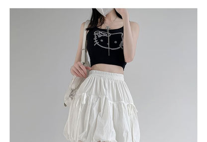 A-Line Bubble Hem Waist Bow Mini Elastic Skirt Plain