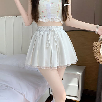 Trim Pleated Mini A-Line Drawstring Skirt Waist Lace