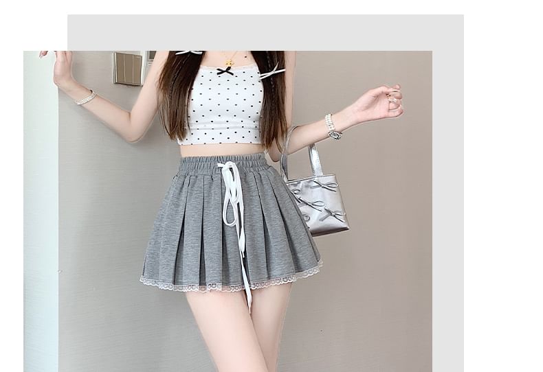 Trim Pleated Mini A-Line Drawstring Skirt Waist Lace