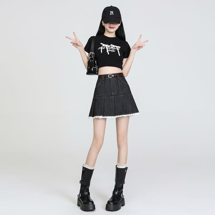 Denim Skort Trim Lace Waist Pleated High