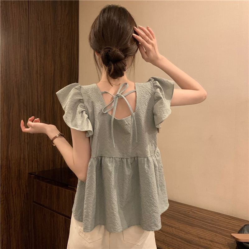 Plain Blouse Peplum Cap-Sleeve