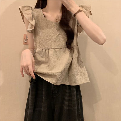 Plain Blouse Peplum Cap-Sleeve