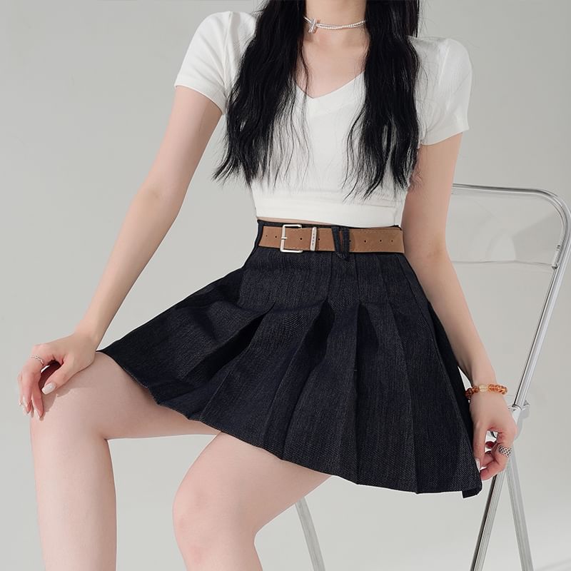 Denim Mini Pleated A-Line High Waist Skirt