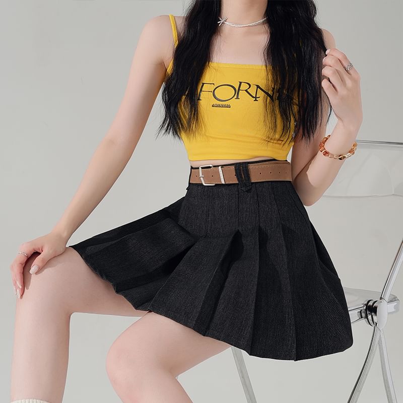 Denim Mini Pleated A-Line High Waist Skirt