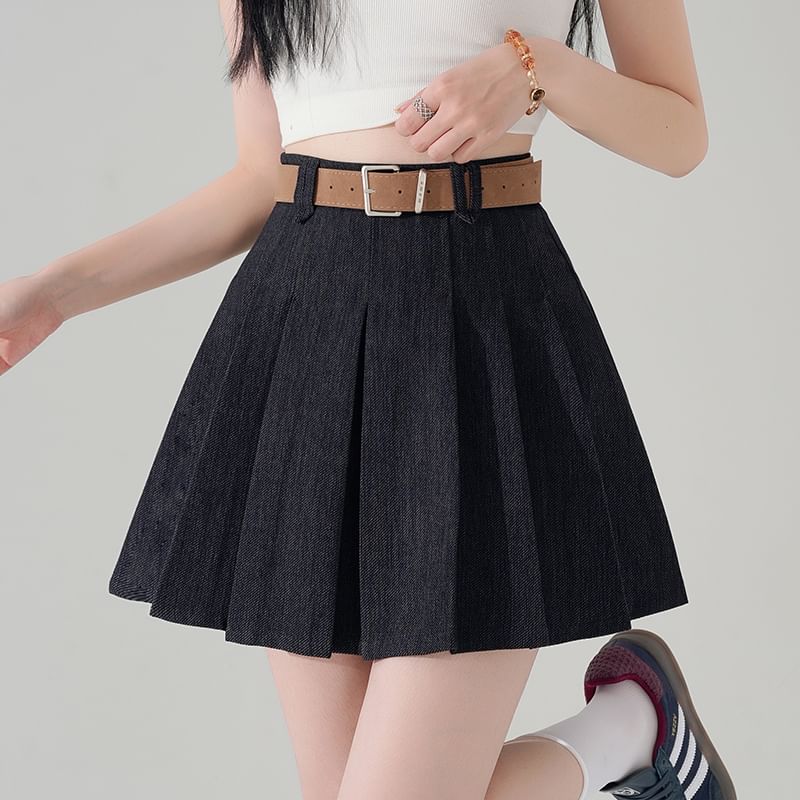 Denim Mini Pleated A-Line High Waist Skirt