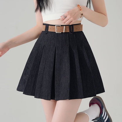 Denim Mini Pleated A-Line High Waist Skirt