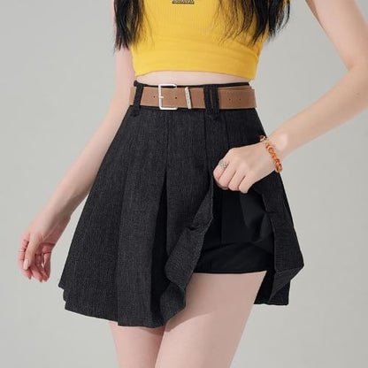 Denim Mini Pleated A-Line High Waist Skirt