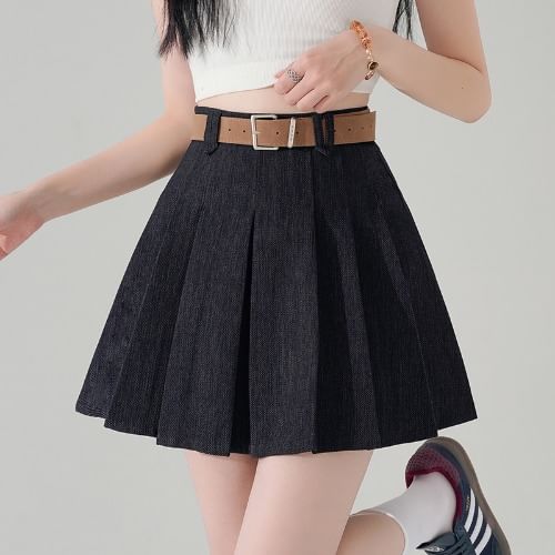 Denim Mini Pleated A-Line High Waist Skirt