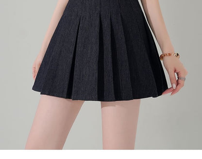 Denim Mini Pleated A-Line High Waist Skirt