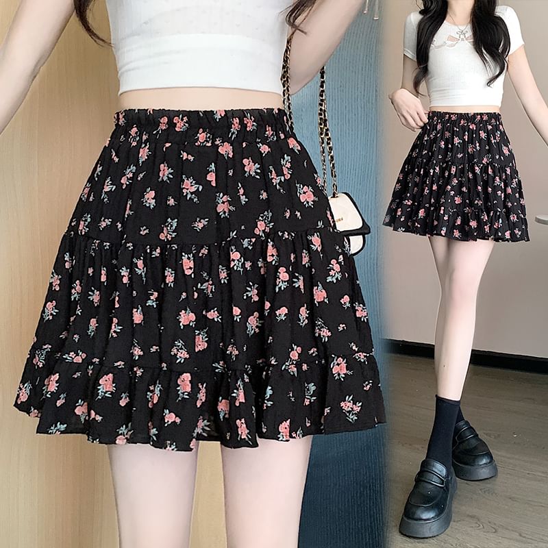Skirt Tiered Mini Elastic A-Line Waist Floral
