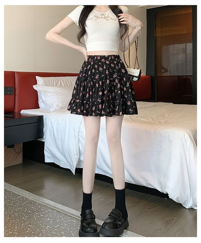 Skirt Tiered Mini Elastic A-Line Waist Floral
