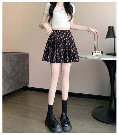 Skirt Tiered Mini Elastic A-Line Waist Floral