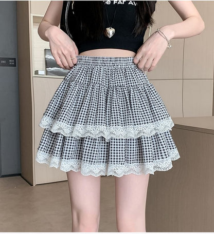 Skirt A-Line Waist Plaid Trim Tiered Mini Lace Elastic