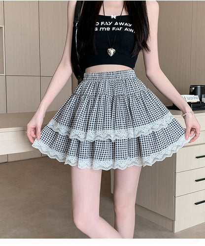 Skirt A-Line Waist Plaid Trim Tiered Mini Lace Elastic