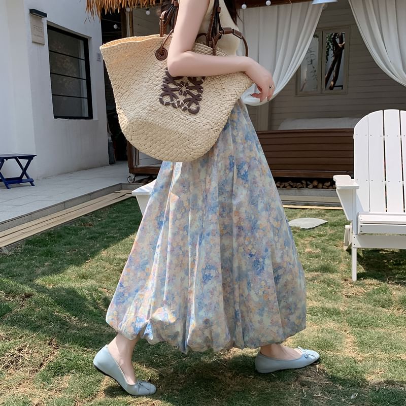 Elastic Skirt A-Line Floral Midi Waist