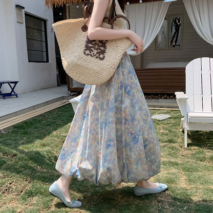 Elastic Skirt A-Line Floral Midi Waist